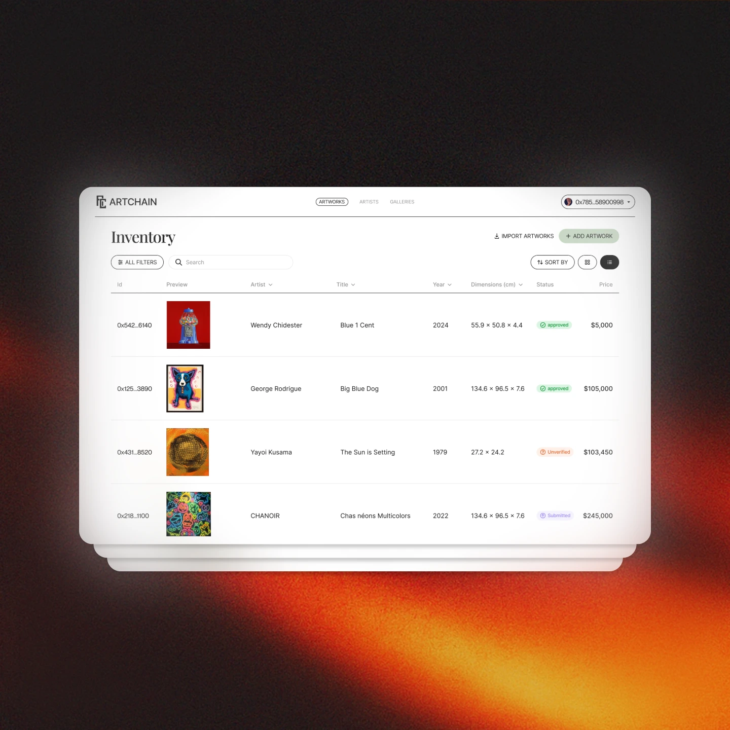 Artchain inventory screen on a dark background