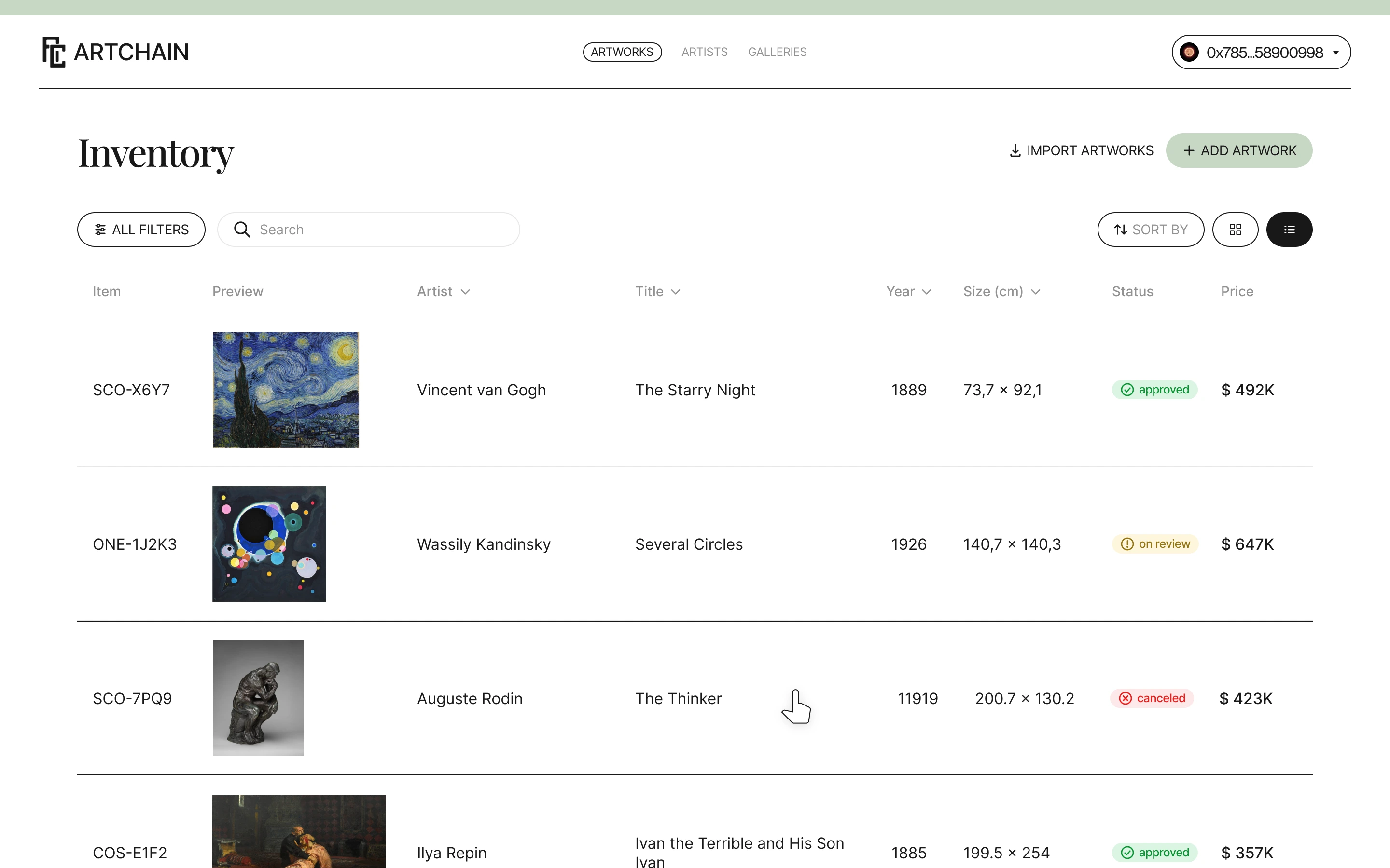 Artchain inventory table with artworks and their verification status