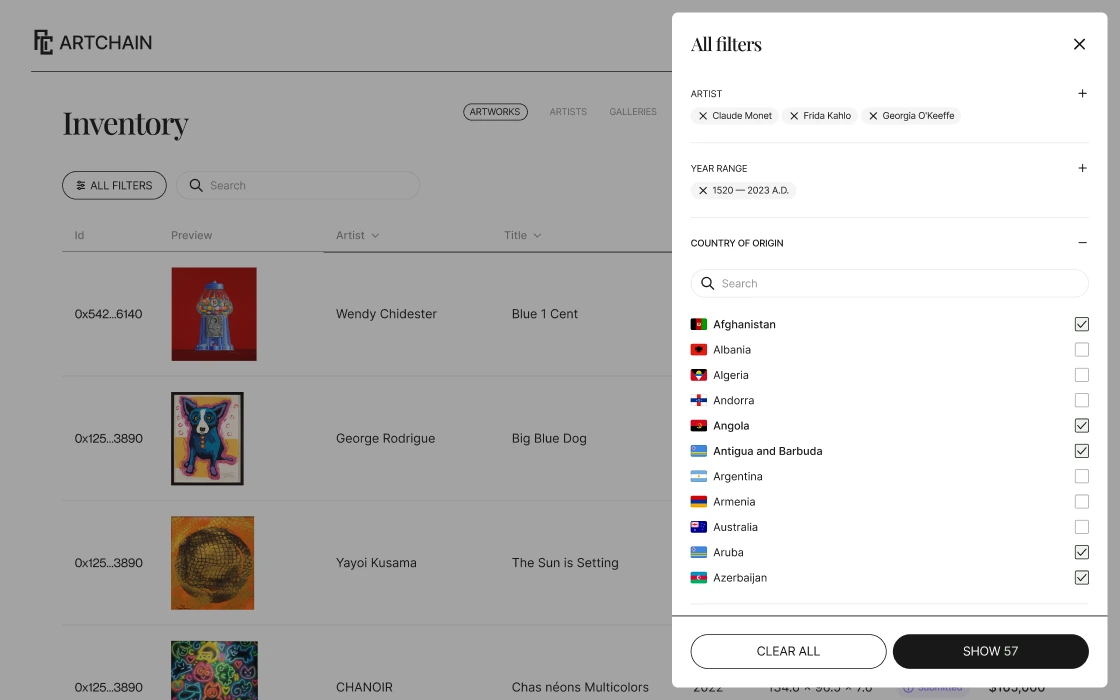 Inventory filters panel
